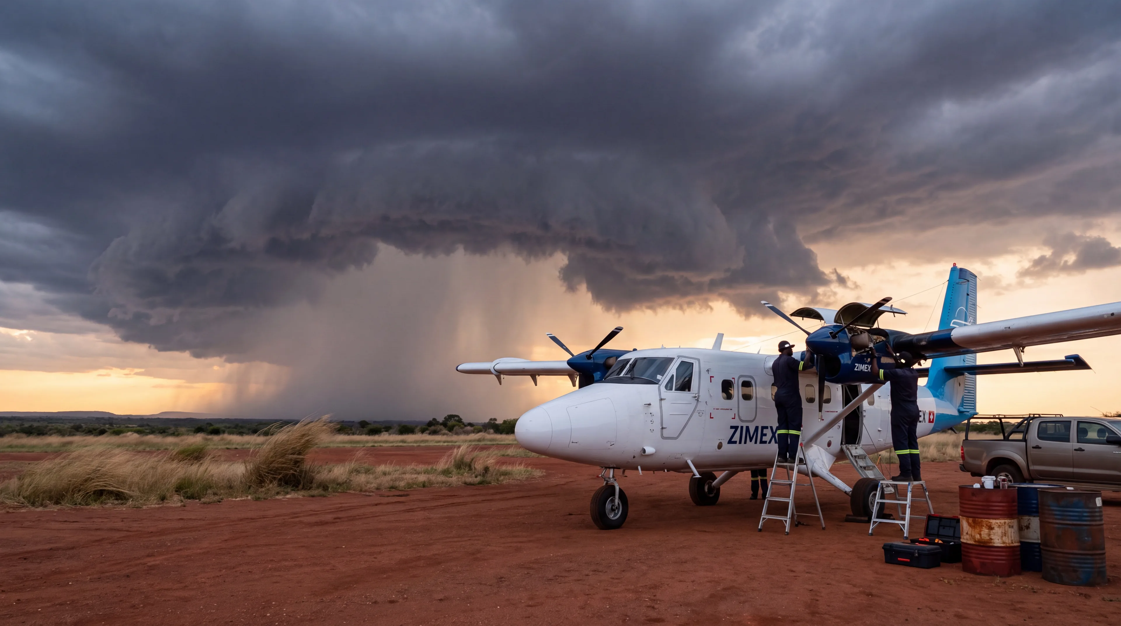 Two engineers working on the open engine of a Zimex Twin Otter on a red dirt strip as a thunderstorm rolls in at dusk (illustration).