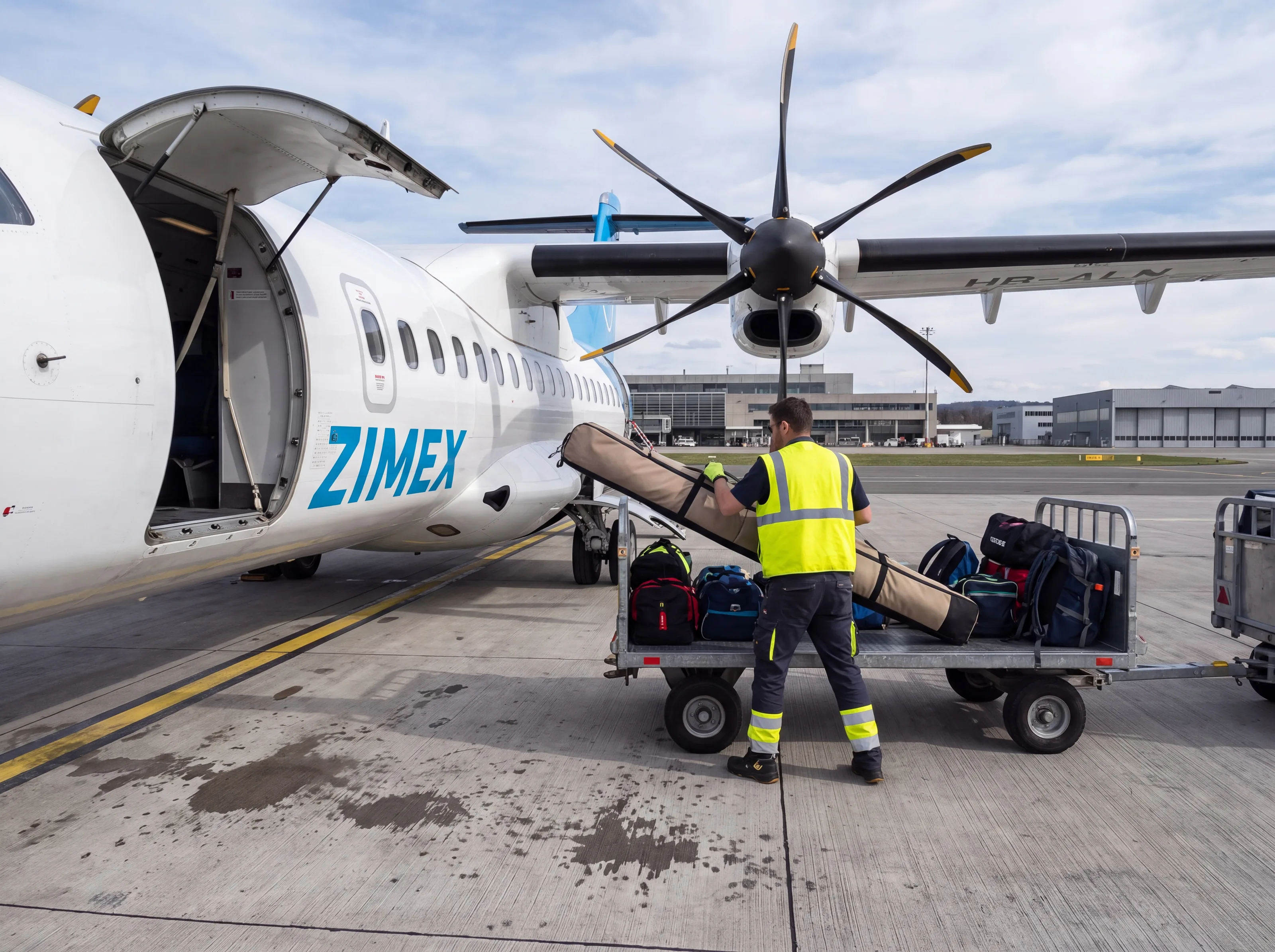 Loading ski bags into the ATR 42 forward hold (AI-generated illustration)