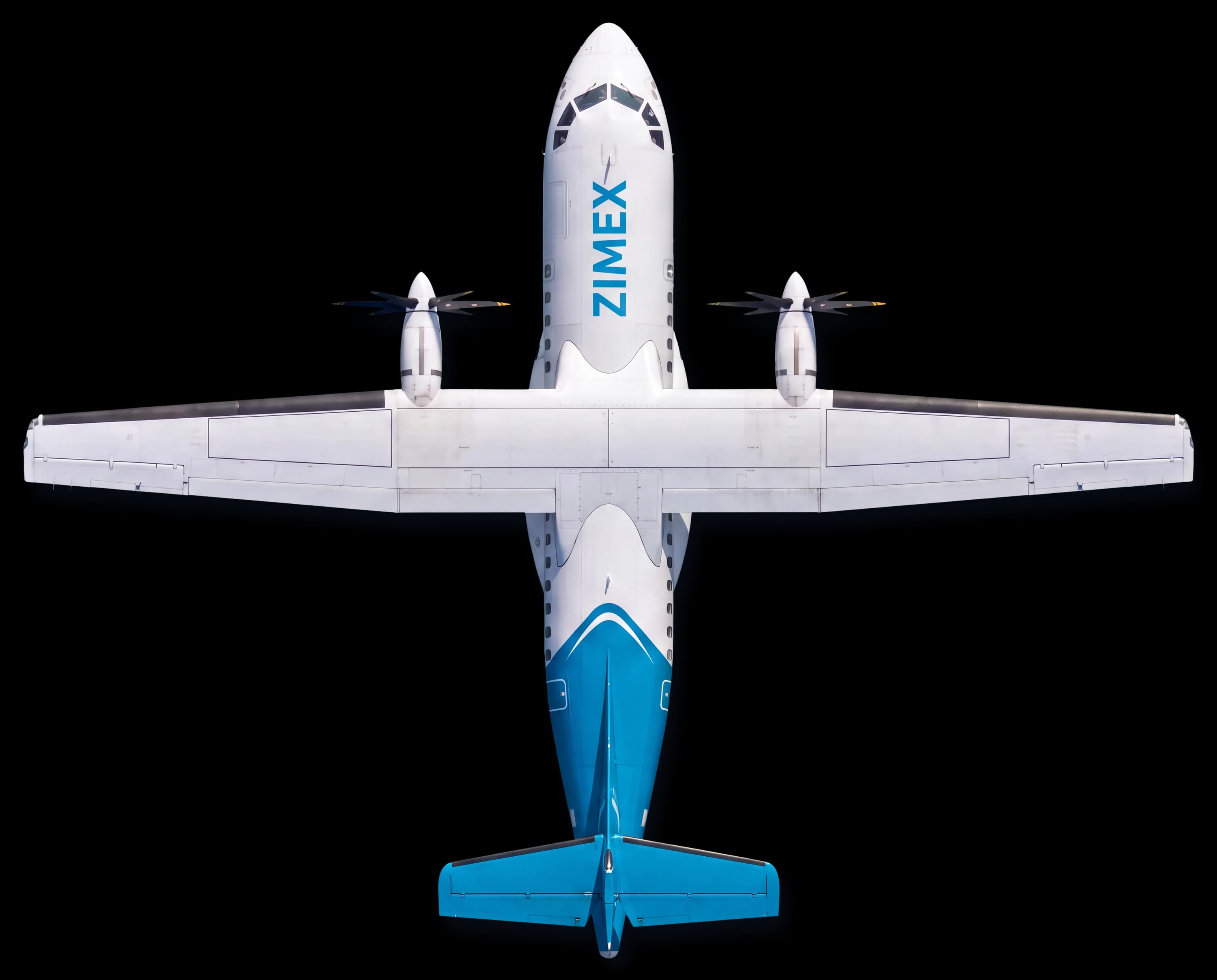 An ATR 42-500 in Zimex livery seen from directly above (AI-generated illustration)