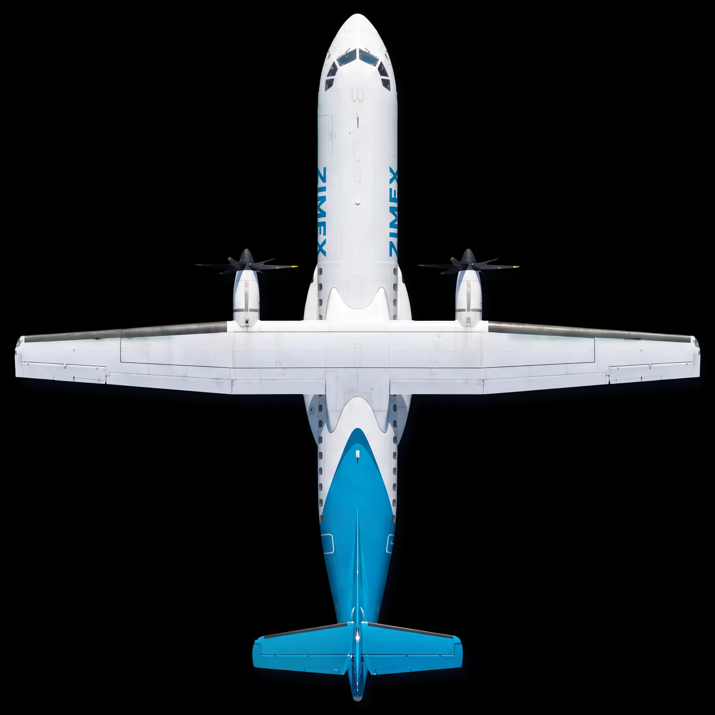 An ATR 72 in Zimex livery seen from directly above (AI-generated illustration)