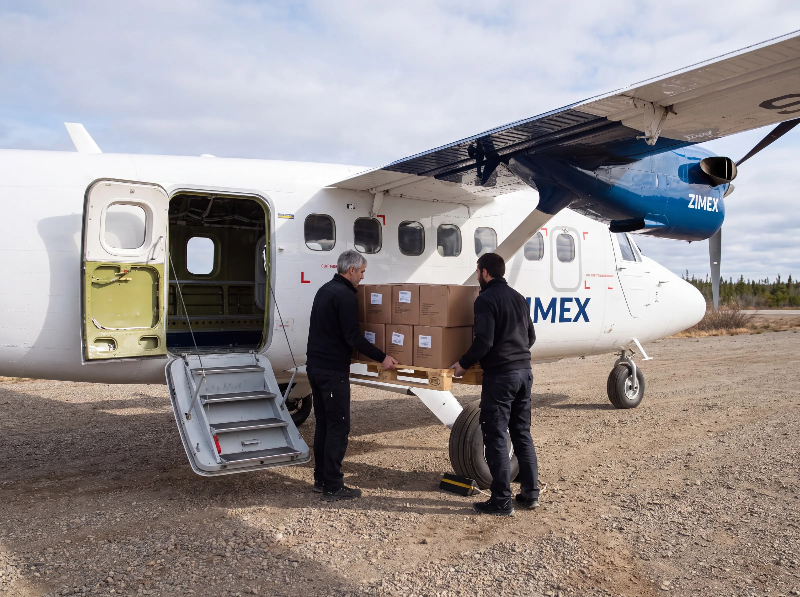 Loading a pallet through the Twin Otter double cargo door (AI-generated illustration)