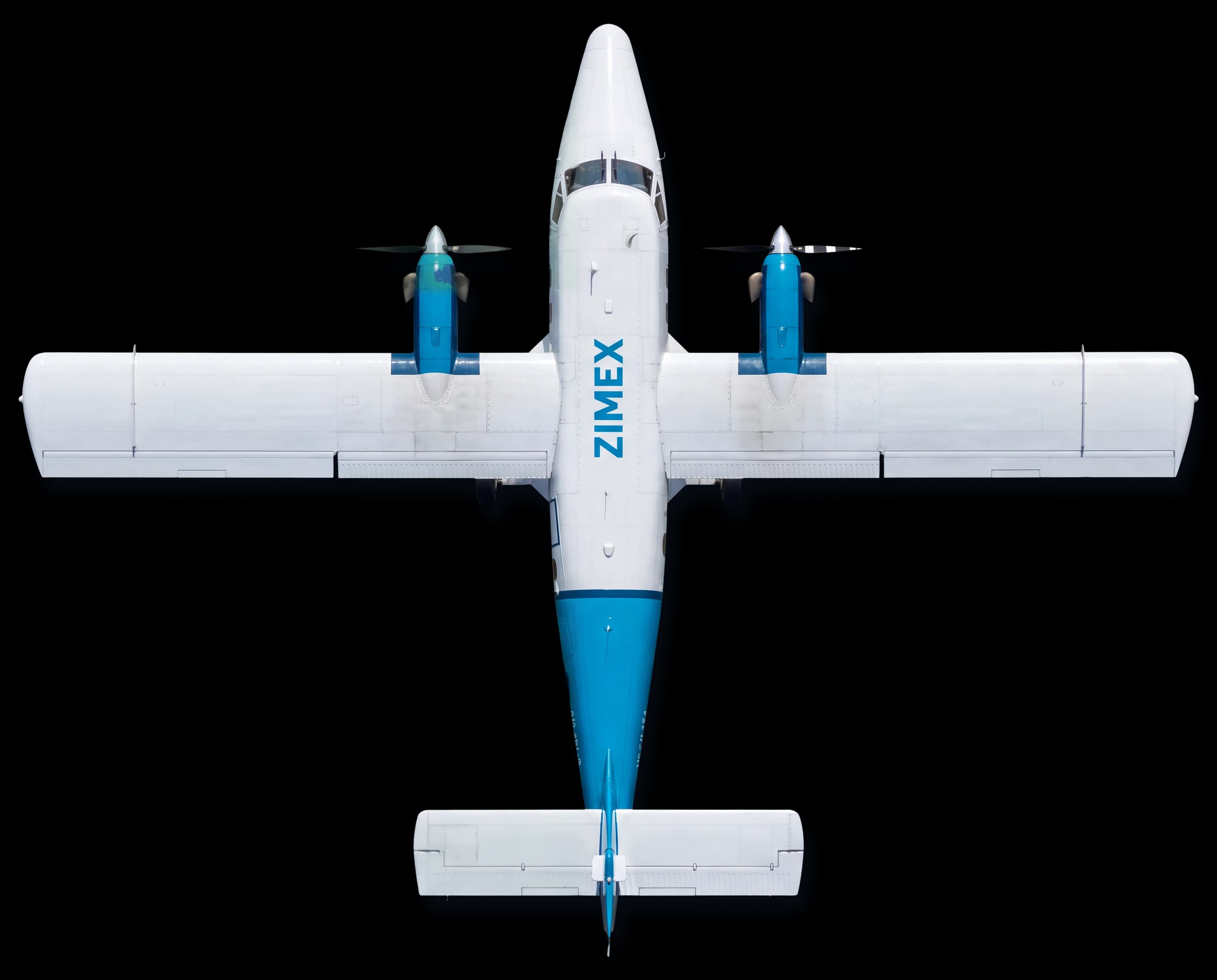 A Twin Otter in Zimex livery seen from directly above (AI-generated illustration)