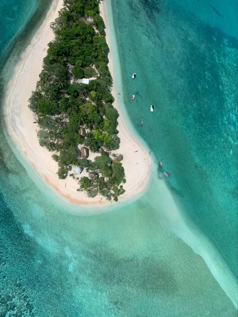 A small wooded island ringed by white sand and a turquoise lagoon, from above