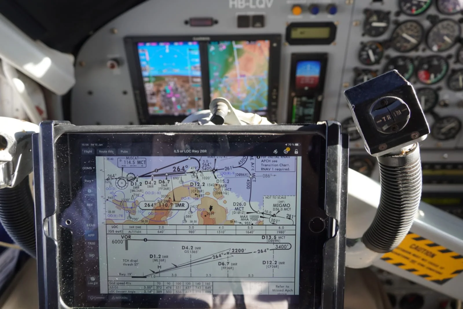 Tablet with the approach chart for Muscat on the Twin Otter's flight deck