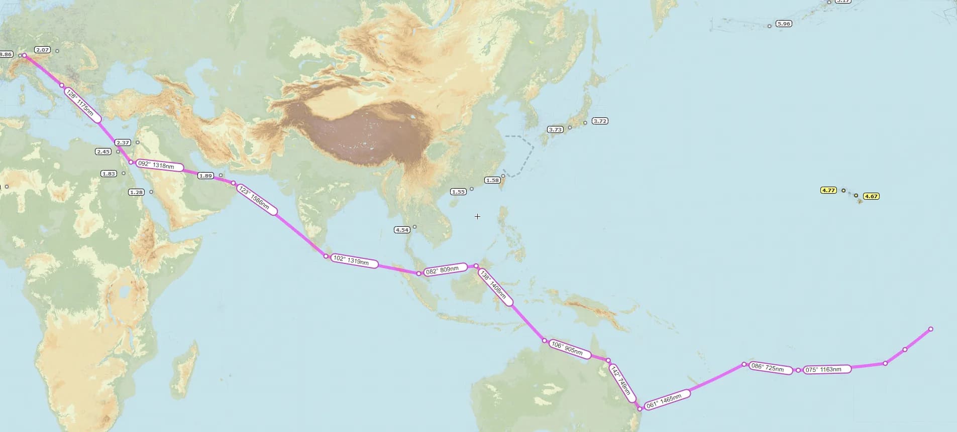 Map of the ferry route from Switzerland across the Middle East, Asia and the Pacific to Tahiti