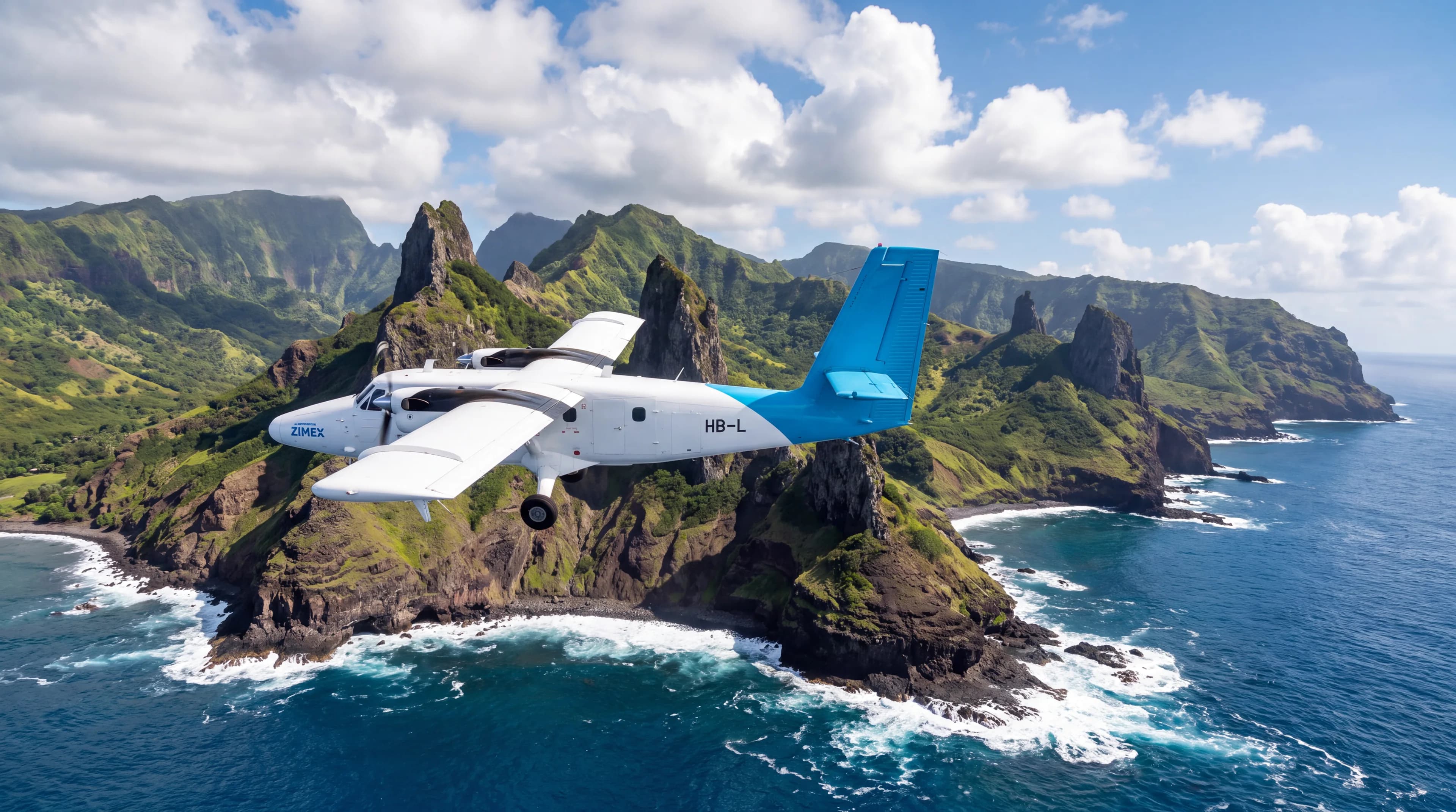 Twin Otter with a Zimex-blue tail flying past the basalt spires of Ua Pou