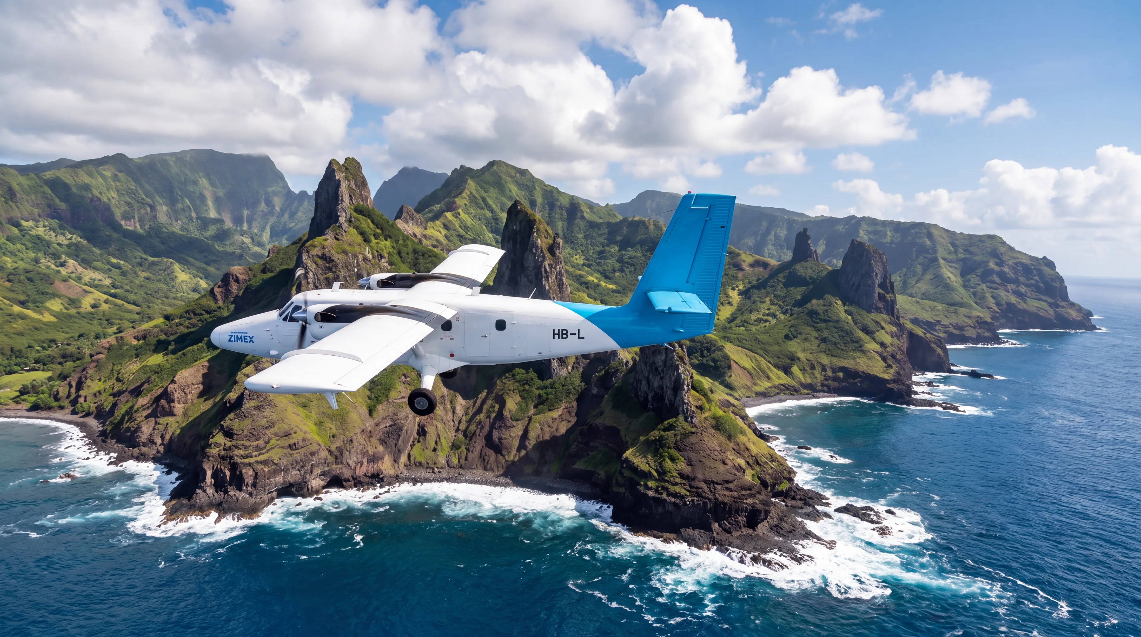 Twin Otter with a Zimex-blue tail flying past the basalt spires of Ua Pou